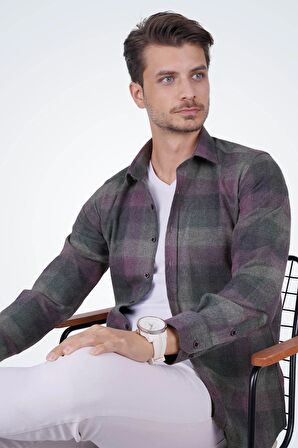 Yeşil Lila Geçişli Slimfit Oduncu Gömlek