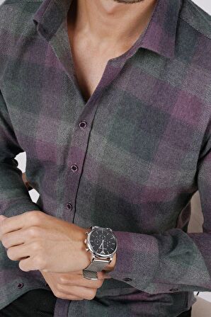 Yeşil Lila Geçişli Slimfit Oduncu Gömlek