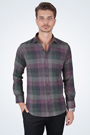 Yeşil Lila Geçişli Slimfit Oduncu Gömlek