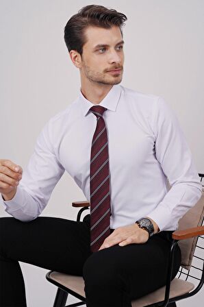 Gömlek Kravat Seti (Bordo Çizgili Kravat & Beyaz Saten  Slimfit Gömlek)