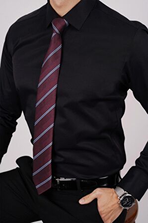 Gömlek Kravat Seti (Bordo Çizgili Kravat & Siyah Saten  Slimfit Gömlek)