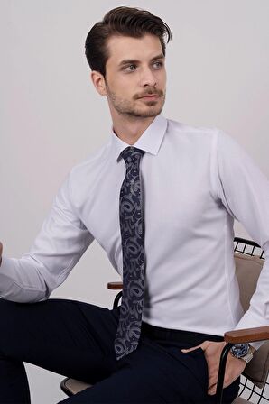 Gömlek Kravat Seti (Lacivert Şal Desenli Kravat & Beyaz Armür Slimfit Gömlek)