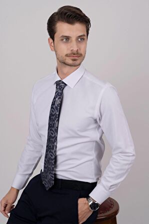 Gömlek Kravat Seti (Lacivert Şal Desenli Kravat & Beyaz Armür Slimfit Gömlek)