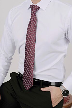 Gömlek Kravat Seti ( sunda Bordo Kare Desenli Kravat & Beyaz Saten Slimfit Gömlek)