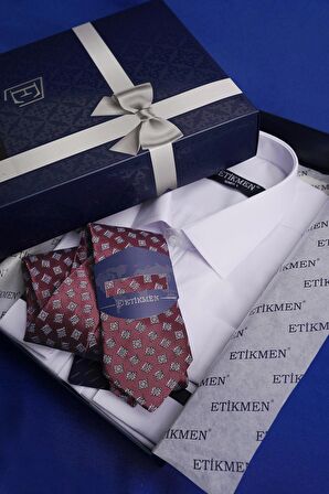 Gömlek Kravat Seti ( sunda Bordo Kare Desenli Kravat & Beyaz Saten Slimfit Gömlek)