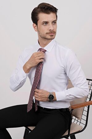 Gömlek Kravat Seti (Hediye Kutusunda Bordo Kare Desenli Kravat & Beyaz Saten Slimfit Gömlek)