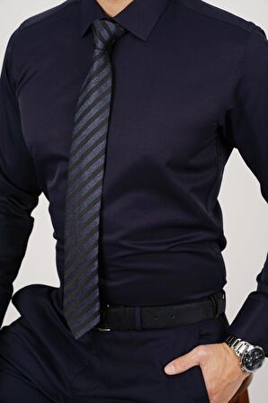 Gömlek Kravat Seti ( sunda Lacivert Çizgi Desenli Kravat & Lacivert Saten Slimfit Gömlek)