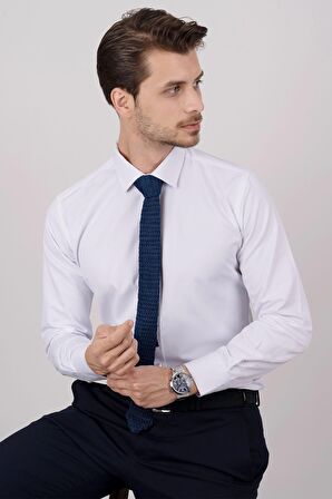 Gömlek Kravat Seti ( sunda İndigo Örgü Desenli Kravat & Beyaz Saten Slimfit Gömlek)