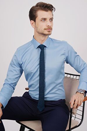 Gömlek Kravat Seti ( İndigo Örgü Desenli Kravat & Şeker Mavisi Saten Slimfit Gömlek)