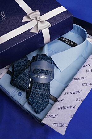 Gömlek Kravat Seti ( İndigo Örgü Desenli Kravat & Şeker Mavisi Saten Slimfit Gömlek)