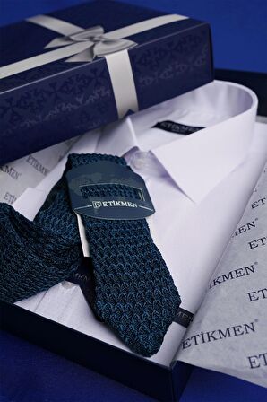 Gömlek Kravat Seti ( sunda İndigo Örgü Desenli Kravat & Beyaz Armür Slimfit Gömlek)