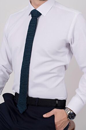 Gömlek Kravat Seti ( sunda İndigo Örgü Desenli Kravat & Beyaz Armür Slimfit Gömlek)