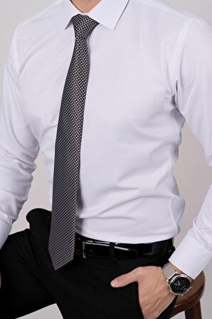 Gömlek Kravat Seti (Hediye Kutusunda Siyah Gri Desenli Kravat & Beyaz Saten Slimfit Gömlek)