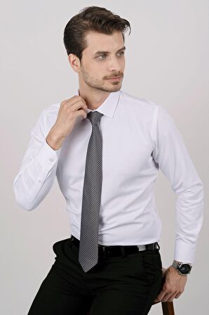 Gömlek Kravat Seti ( sunda Siyah Gri Desenli Kravat & Beyaz Saten Slimfit Gömlek)