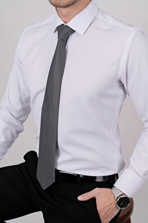 Gömlek Kravat Seti ( sunda Siyah Gri Desenli Kravat & Beyaz Armür Slimfit Gömlek)