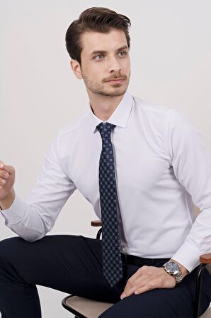 Gömlek Kravat Seti ( sunda Lacivert Turuncu Desenli Kravat & Beyaz Saten Slimfit Gömlek)