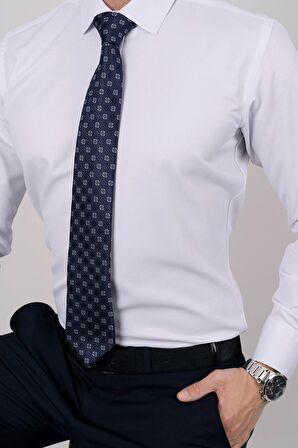 Gömlek Kravat Seti ( sunda Lacivert Turuncu Desenli Kravat & Beyaz Saten Slimfit Gömlek)