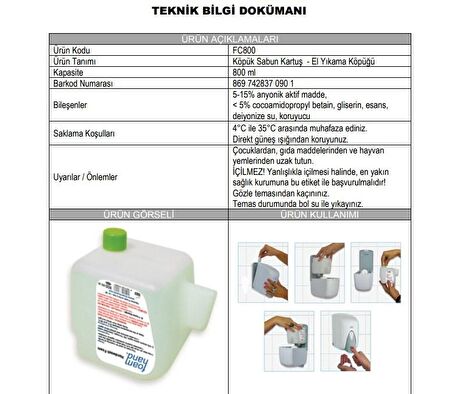 Vialli FC800 Foamhand Köpük Sabun 800 Ml. Yedek Dolu Kartuş