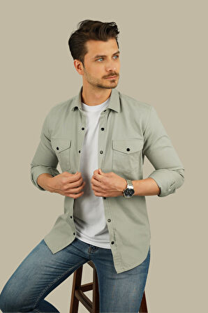 Açık Taş Rengi Slimfit Hediye Kutulu Gerçek Kot Erkek Gömlek