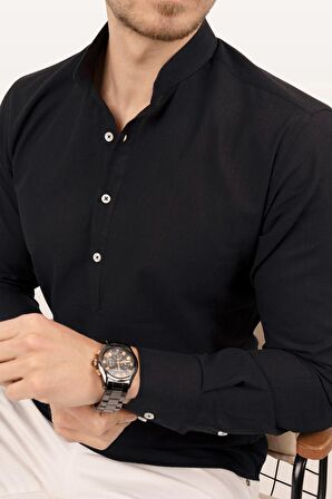 Siyah Hakim Yaka Üç Düğmeli Slimfit Keten Gömlek