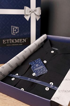 Siyah Hakim Yaka Üç Düğmeli Slimfit Keten Gömlek
