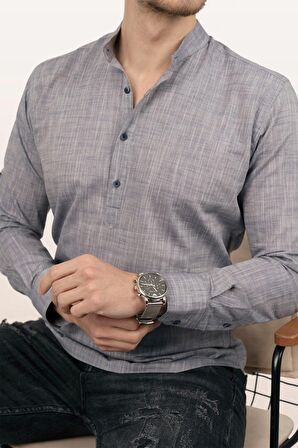 Açık Füme Hakim Yaka Üç Düğmeli Slimfit Keten Gömlek