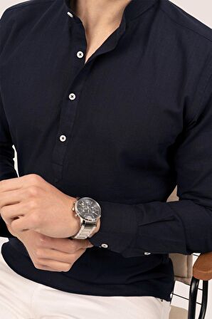 Lacivert Hakim Yaka Üç Düğmeli Slimfit Keten Gömlek