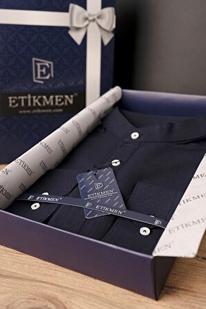 Lacivert Hakim Yaka Üç Düğmeli Slimfit Keten Gömlek