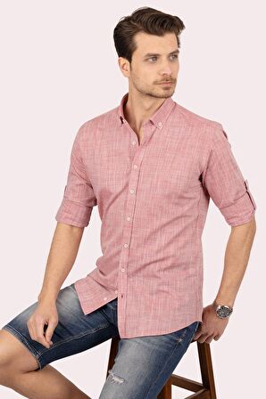 Açık Vişne Düğmeli Keten Slimfit Kutulu Gömlek