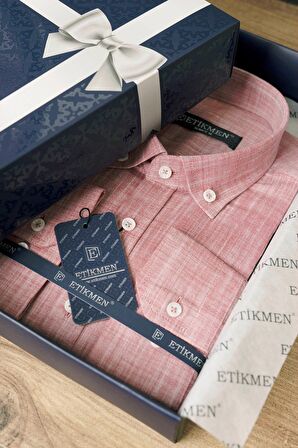 Açık Vişne Düğmeli Keten Slimfit Kutulu Gömlek