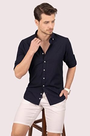 Lacivert Yaka Düğmeli Keten Slimfit   Gömlek