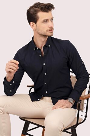 Lacivert Yaka Düğmeli Keten Slimfit   Gömlek