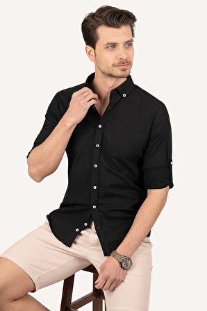 Siyah Yaka Düğmeli Keten Slimfit   Gömlek