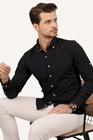 Siyah Yaka Düğmeli Keten Slimfit   Gömlek