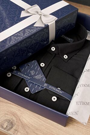 Siyah Yaka Düğmeli Keten Slimfit   Gömlek