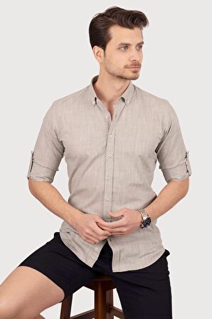 Sütlü Kahve Yaka Düğmeli Keten Slimfit Kutulu Gömlek