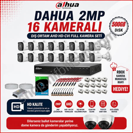 Dahua 500 GB 2 Megapiksel HD 1280x720 AHD Kamera Güvenlik Kamerası Seti 16'lı