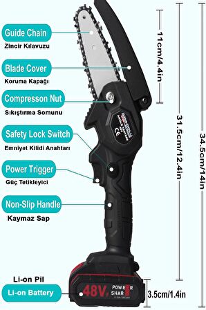 Çift Akülü Çift Zincirli Budama Testeresi Taşıma Çantalı 48Vf Şarjlı Testere Eldiven