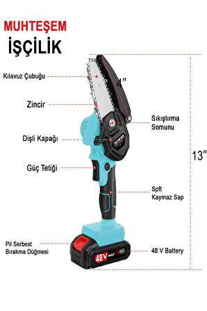 Çift Akülü Çift Zincirli Budama Testeresi Taşıma Çantalı 48Vf Şarjlı Testere Eldiven Hediyeli