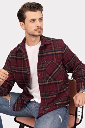 Bordo Sarı Çizgili Oversize Kalın Oduncu Gömlek