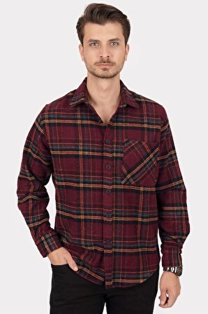 Bordo Sarı Çizgili Oversize Kalın Oduncu Gömlek