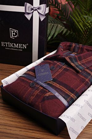 Bordo Sarı Çizgili Oversize Kalın Oduncu Gömlek