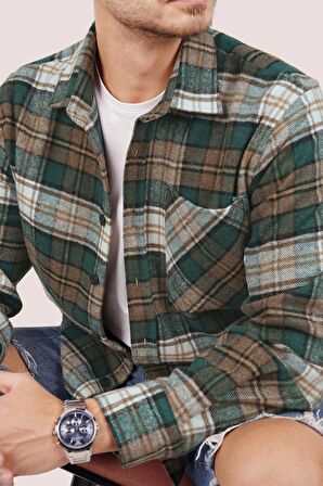 Yeşil Kahve Geçişli Kalın Oversize Hediye Kutulu Gömlek