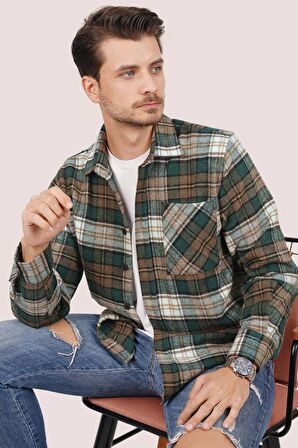Yeşil Kahve Geçişli Kalın Oversize Gömlek