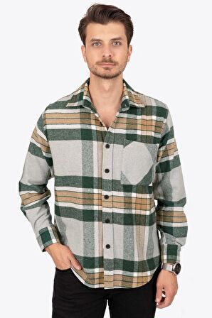 Gri Yeşil Geçişli Oversize Kalın Oduncu Gömlek