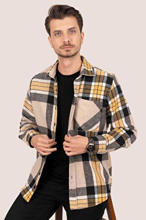 Sarı Siyah Geçişli Oversize Kalın Oduncu Gömlek