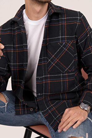 Siyah Kiremit Çizgili Oversize Kalın Oduncu Gömlek