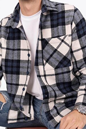 Lacivert Beyaz Geçişli Oversize Kalın Oduncu Hediye Kutulu Gömlek