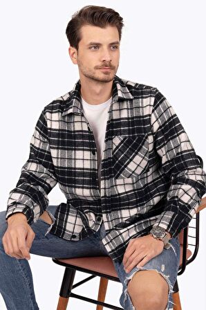 Siyah Beyaz Geçişli Oversize Kalın Oduncu Gömlek