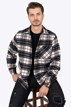 Siyah Beyaz Geçişli Oversize Kalın Oduncu Gömlek